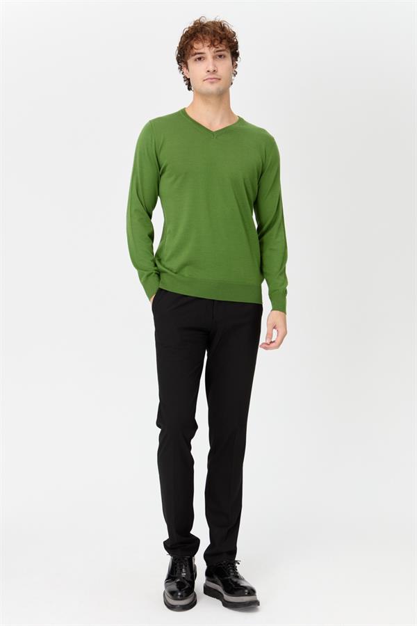 Erkek Basic V Yaka İnce Triko Kazak K.Yosun