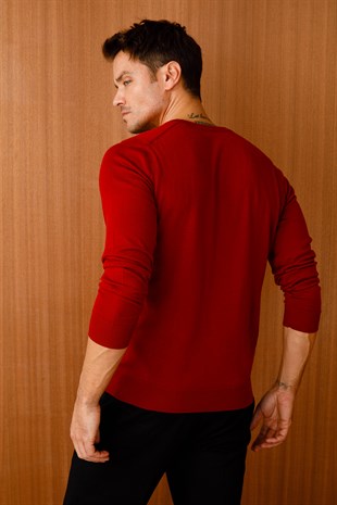 Мужской базовый трикотажный свитер с v-образным вырезом Темно-красный