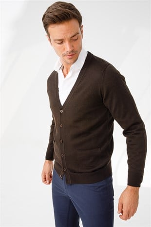 Мужской базовый трикотаж с V-образным вырезом Кардиган коричневый
