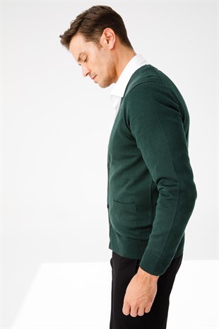 Мужской базовый трикотаж с V-образным вырезом Кардиган Темно-зеленый
