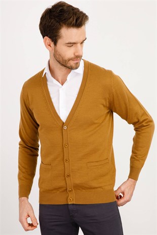 Мужской базовый трикотаж с V-образным вырезом Кардиган верблюд