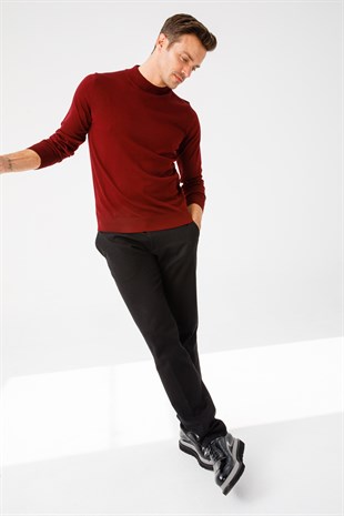 Мужской Базовый свитер с Имитацией Водолазки Темно-Красного цвета