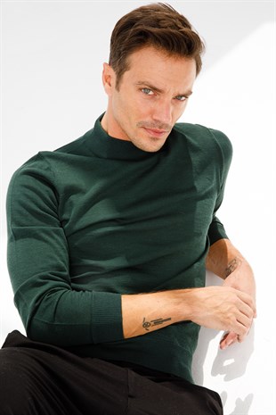 Мужской Базовый Свитер с Имитацией Водолазки Темно-Зеленого цвета