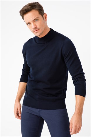 Мужской Базовый свитер с Имитацией Водолазки Темно-Синего цвета