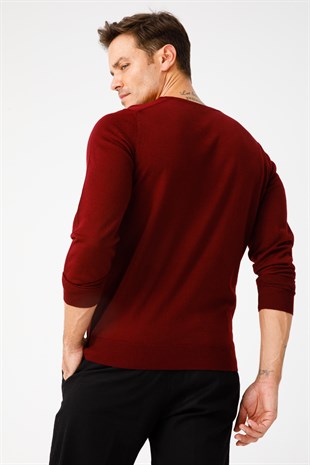 Мужской Базовый свитер с Имитацией Водолазки Темно-Красного цвета