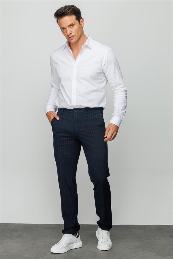 Мужские хлопчатобумажные брюки на резинке в белую полоску темно синие