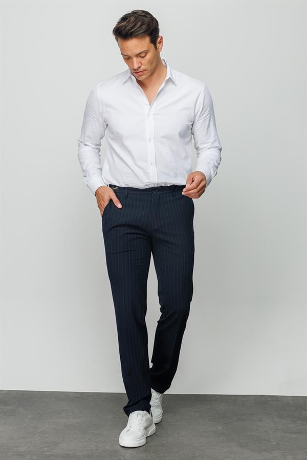 Мужские хлопчатобумажные брюки на резинке в белую полоску темно синие