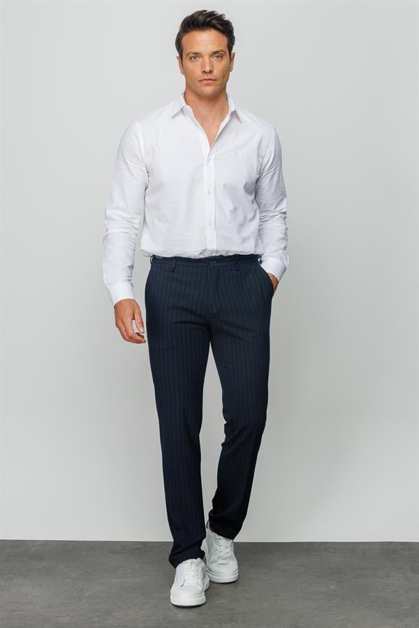 Мужские хлопчатобумажные брюки на резинке в белую полоску темно синие