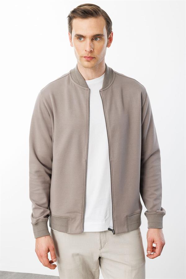 Erkek Cepleri Fermuarlı Eşofman Üstü Vizon