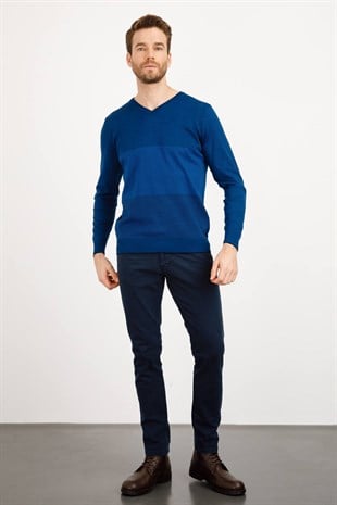 Мужской трикотажный свитер с V-образным вырезом Темно-синий