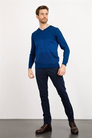 Мужской трикотажный свитер с V-образным вырезом Темно-синий