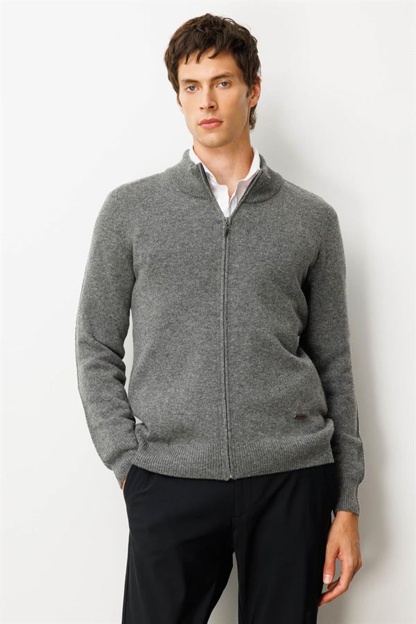 Erkek Dik Yaka Basic Yün Triko Mont Füme