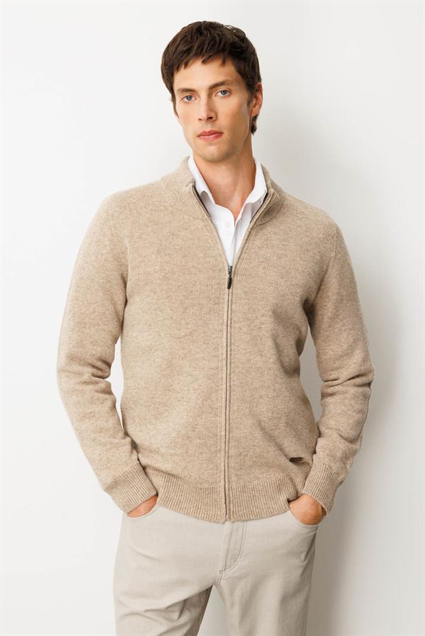 Erkek Dik Yaka Basic Yün Triko Mont K.Bej