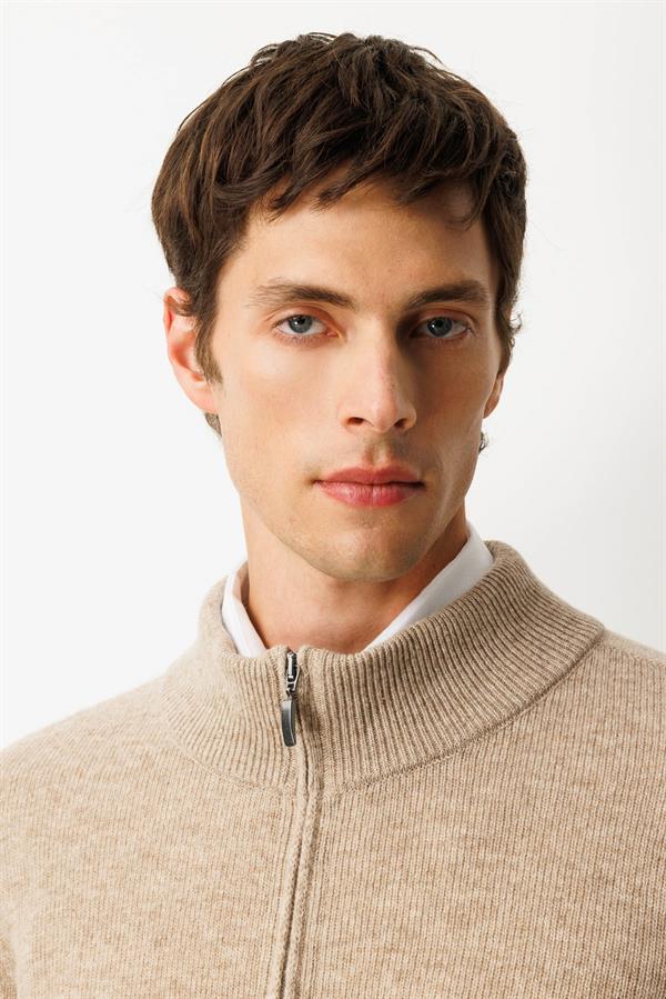 Erkek Dik Yaka Basic Yün Triko Mont K.Bej
