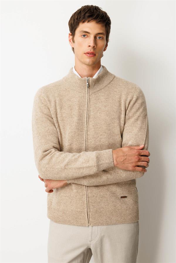 Erkek Dik Yaka Basic Yün Triko Mont K.Bej