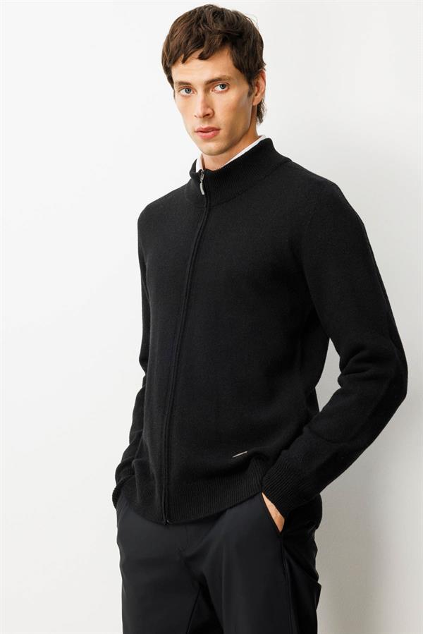 Erkek Dik Yaka Basic Yün Triko Mont Siyah