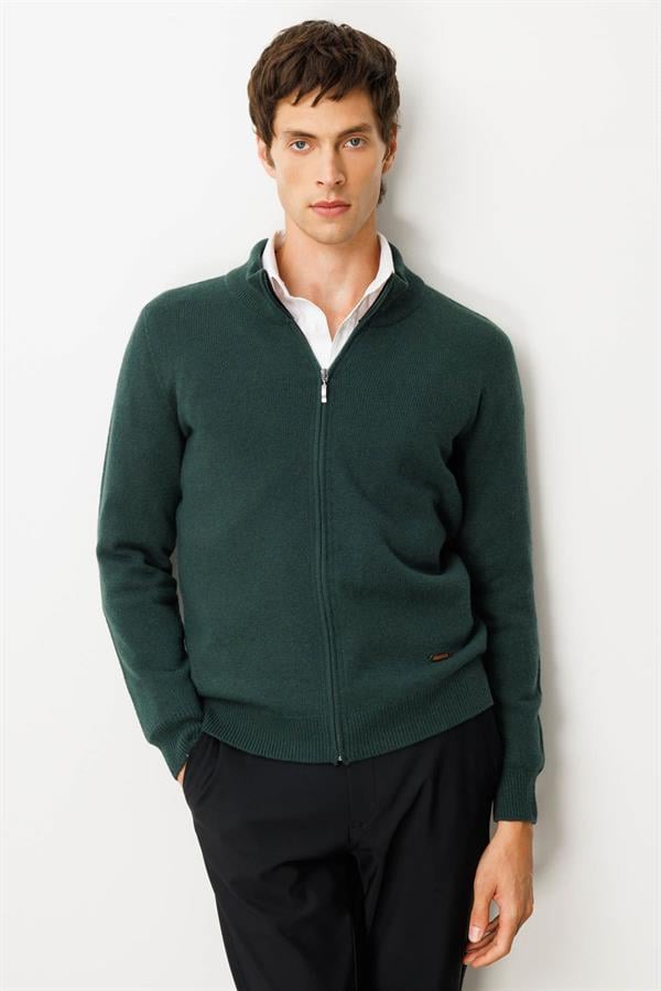 Erkek Dik Yaka Basic Yün Triko Mont Yeşil