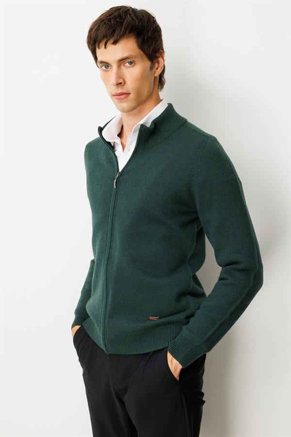 Erkek Dik Yaka Basic Yün Triko Mont Yeşil