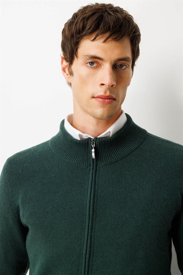 Erkek Dik Yaka Basic Yün Triko Mont Yeşil