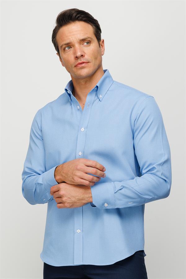 Мужская рубашка с воротником на пуговице 100% хлопок стандартного кроя с рисунком голубая
