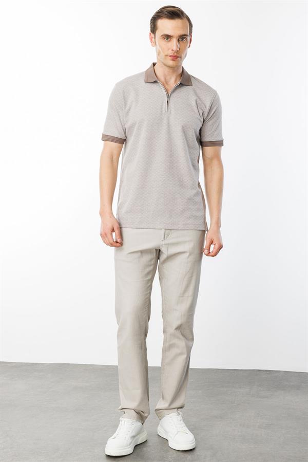 Erkek Fermuarlı Jakarlı T-shirt Bej