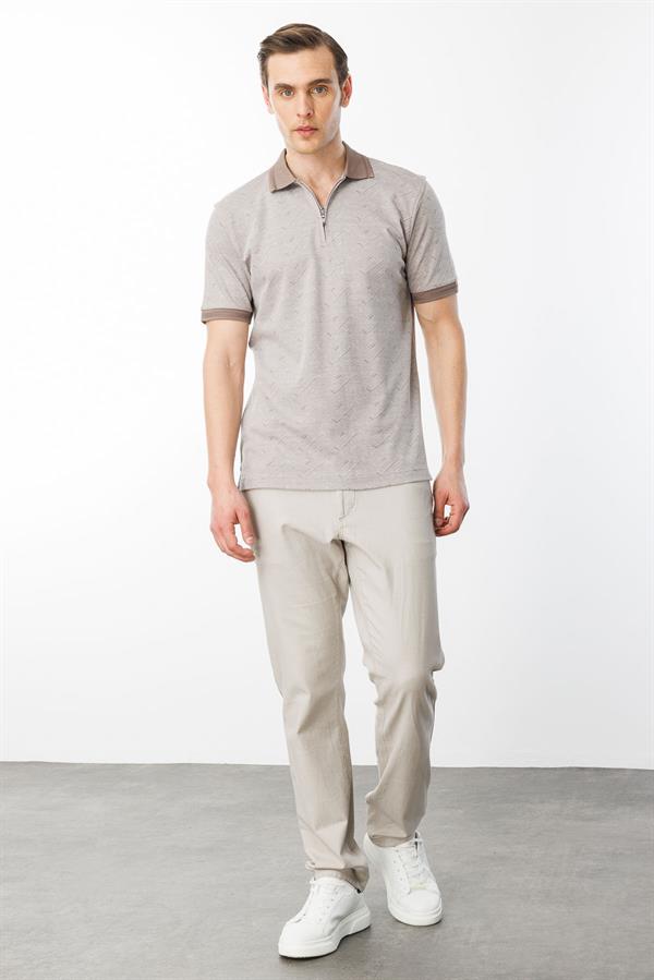 Erkek Fermuarlı Jakarlı T-shirt Bej