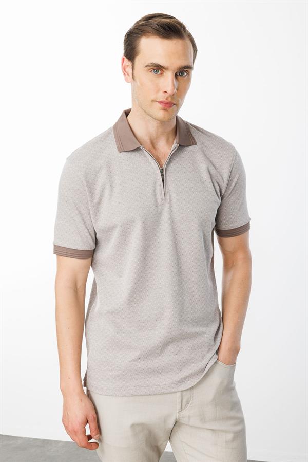 Erkek Fermuarlı Jakarlı T-shirt Bej