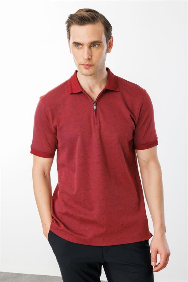 Erkek Fermuarlı Jakarlı T-shirt Bordo
