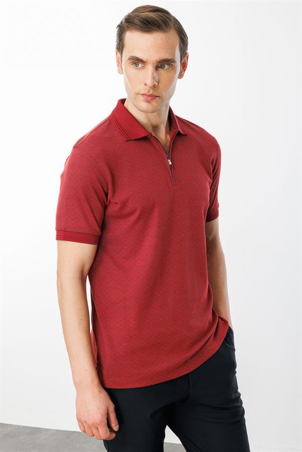 Erkek Fermuarlı Jakarlı T-shirt Bordo