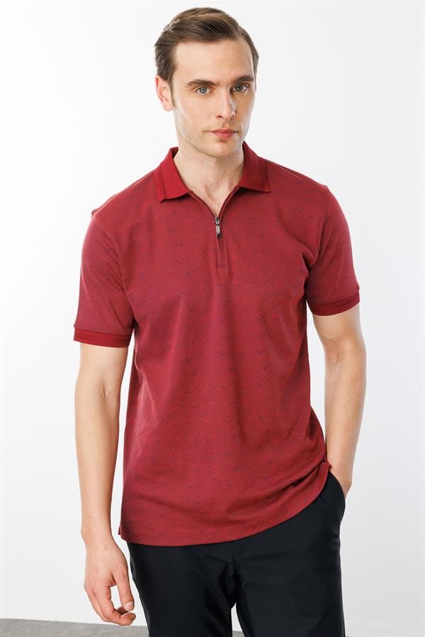 Erkek Fermuarlı Jakarlı T-shirt Bordo