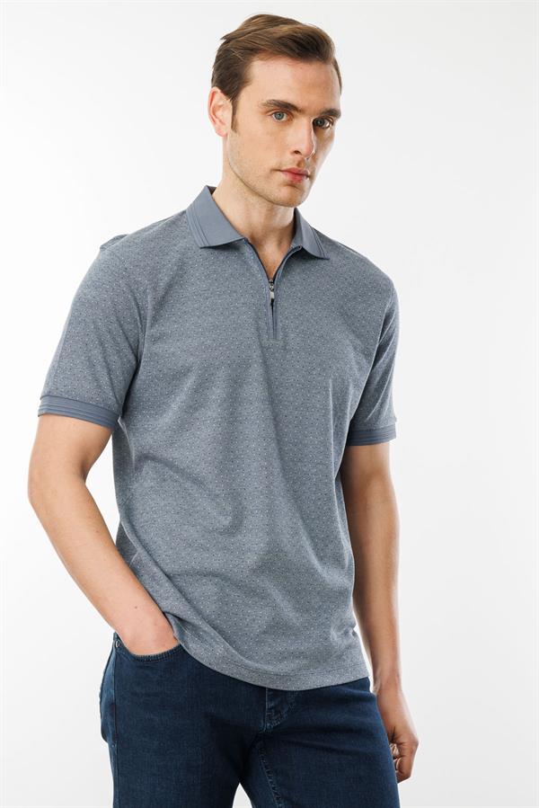 Erkek Fermuarlı Jakarlı T-shirt Füme