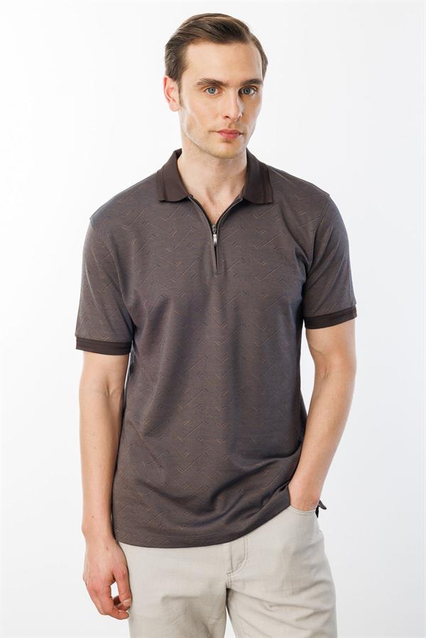 Erkek Fermuarlı Jakarlı T-shirt Kahve