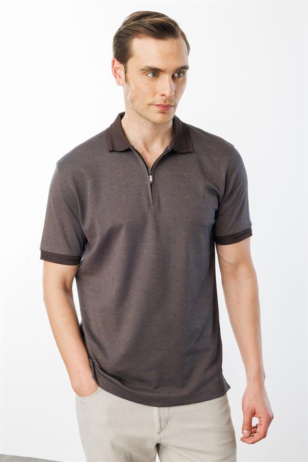 Erkek Fermuarlı Jakarlı T-shirt Kahve