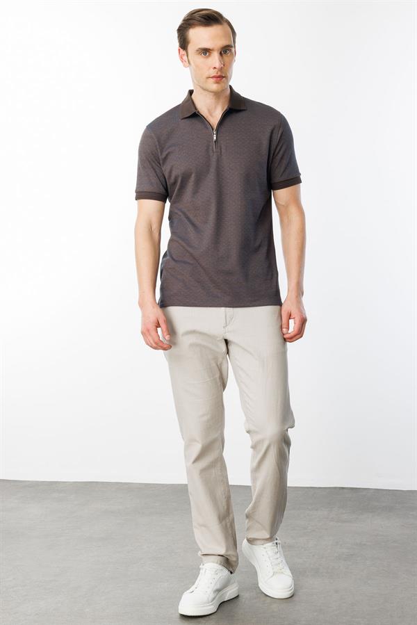 Erkek Fermuarlı Jakarlı T-shirt Kahve