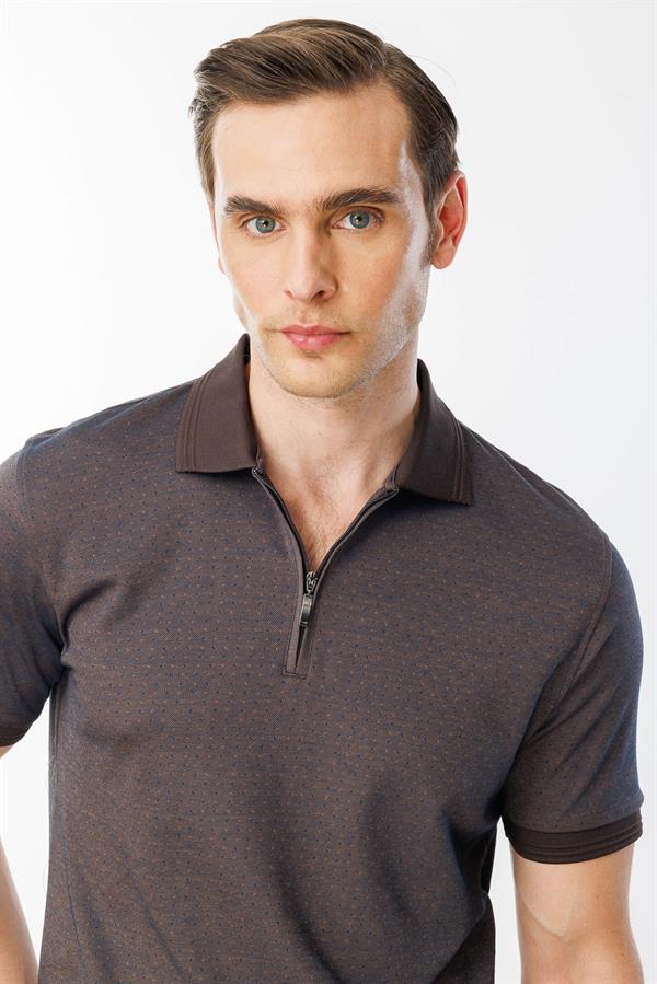 Erkek Fermuarlı Jakarlı T-shirt Kahve