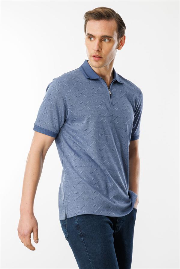 Erkek Fermuarlı Jakarlı T-shirt Lacivert