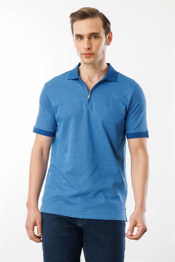 Erkek Fermuarlı Jakarlı T-shirt Saks