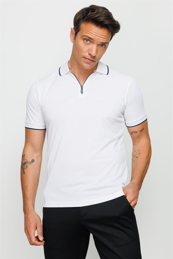 Мужская футболка с вырезом поло на молнии белая 