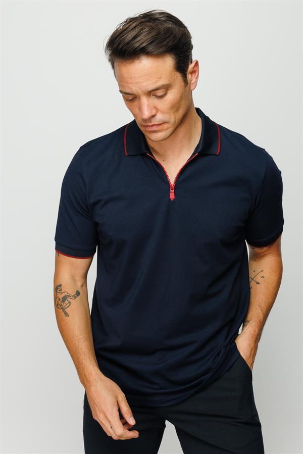 Мужская футболка с вырезом поло на молнии темно синяя 