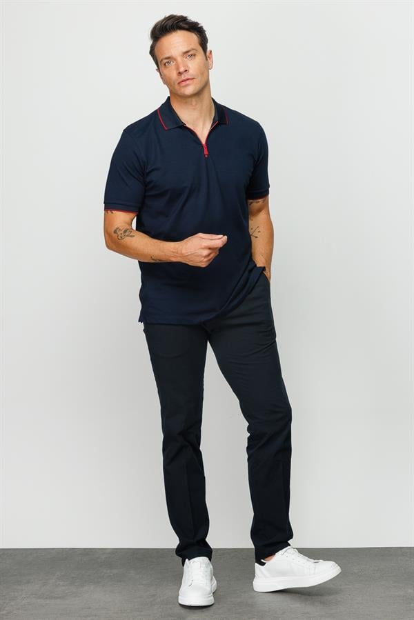 Мужская футболка с вырезом поло на молнии темно синяя 