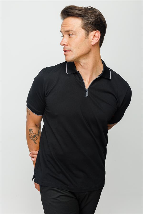 Мужская футболка с вырезом поло на молнии черная 