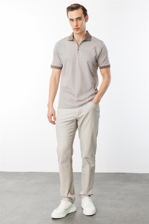 Erkek Fermuarlı T-shirt Bej