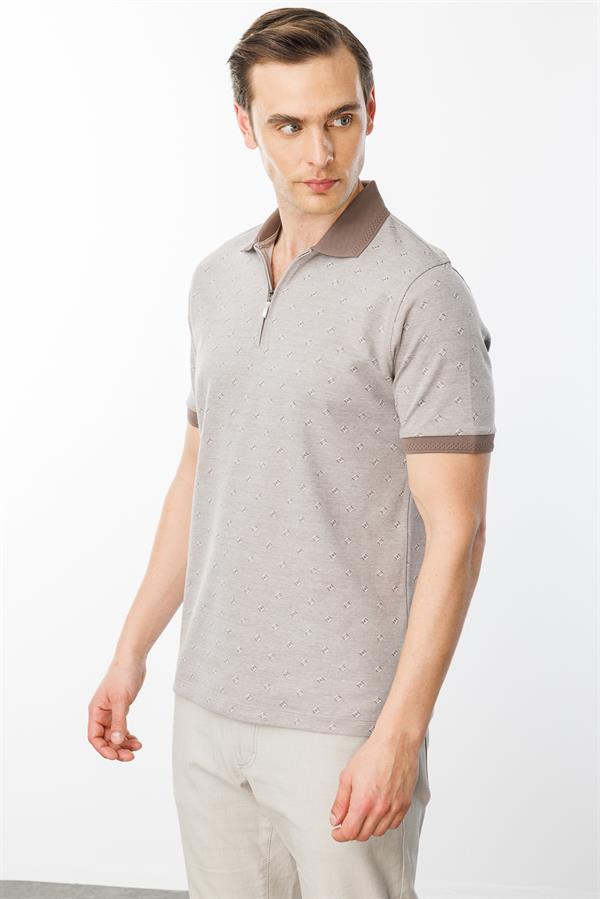 Erkek Fermuarlı T-shirt Bej