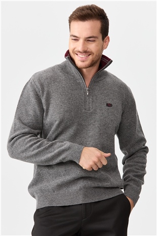 Мужской классический шерстяной свитер с вырезом на молнии дымчатый