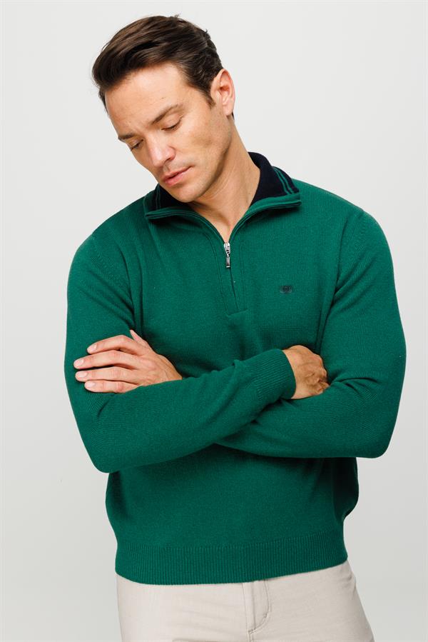 Мужской классический шерстяной свитер с воротником на молнии ярко зеленый