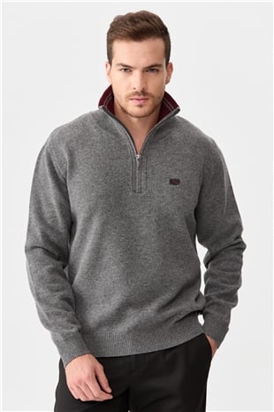 Мужской классический шерстяной свитер с вырезом на молнии дымчатый