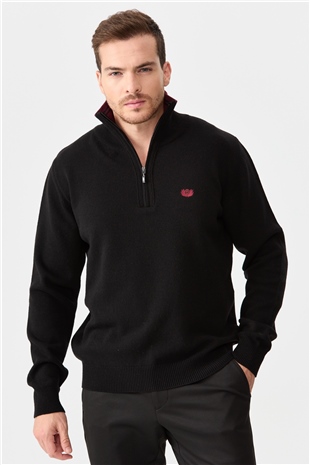 Мужской классический шерстяной свитер с вырезом на молнии черный