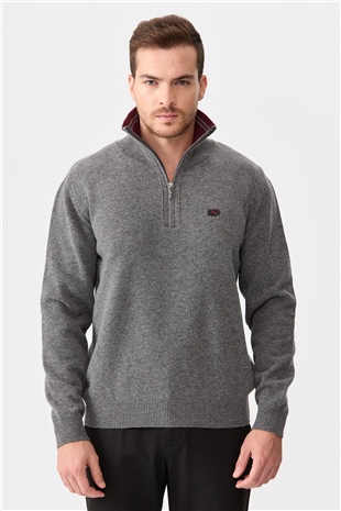 Мужской классический шерстяной свитер с вырезом на молнии дымчатый