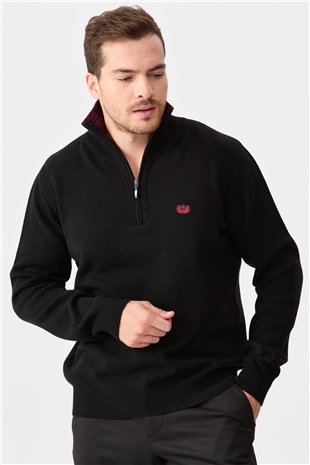 Мужской классический шерстяной свитер с вырезом на молнии черный