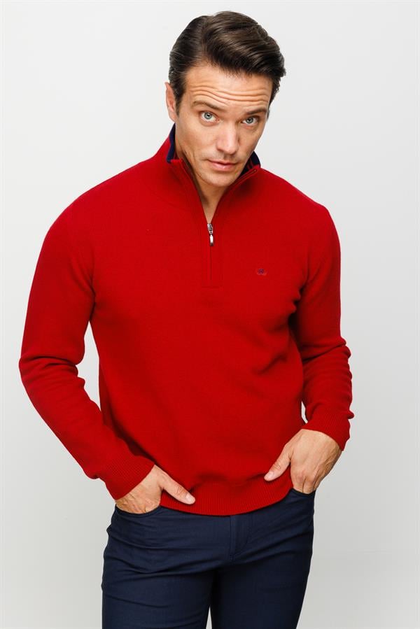 Мужской классический шерстяной свитер с воротником на молнии красный